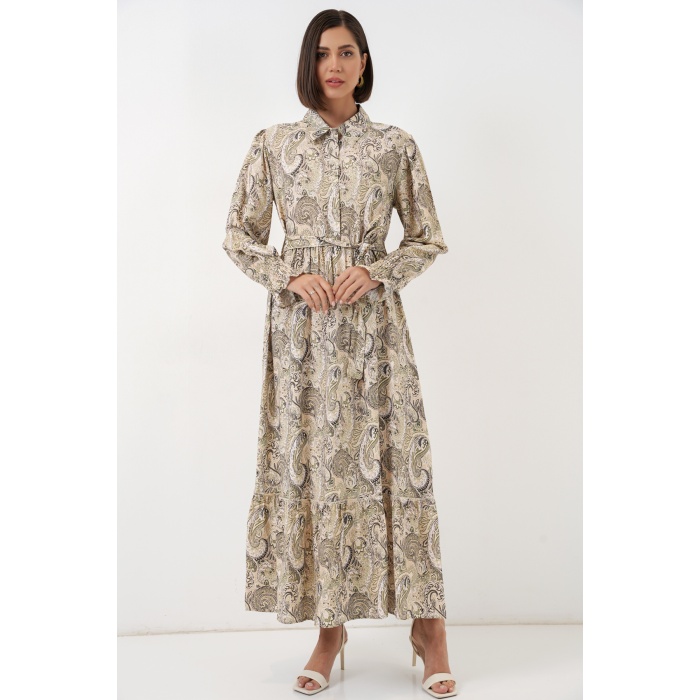 Kadın Kuşaklı Tesettür Elbise 2589 - Bej