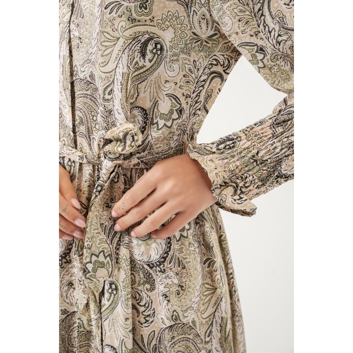 Kadın Kuşaklı Tesettür Elbise 2589 - Bej