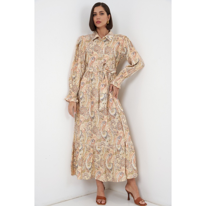 Kadın Kuşaklı Tesettür Elbise 2589 - Sarı