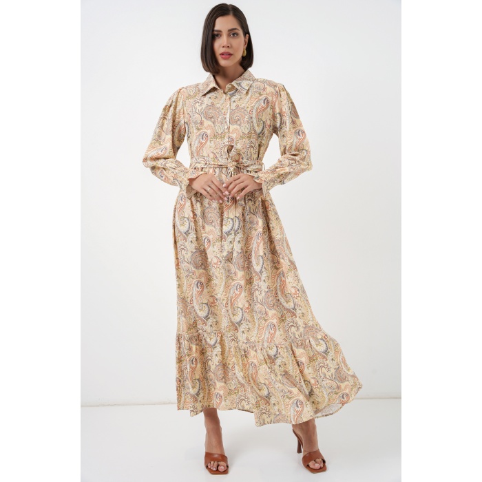 Kadın Kuşaklı Tesettür Elbise 2589 - Sarı