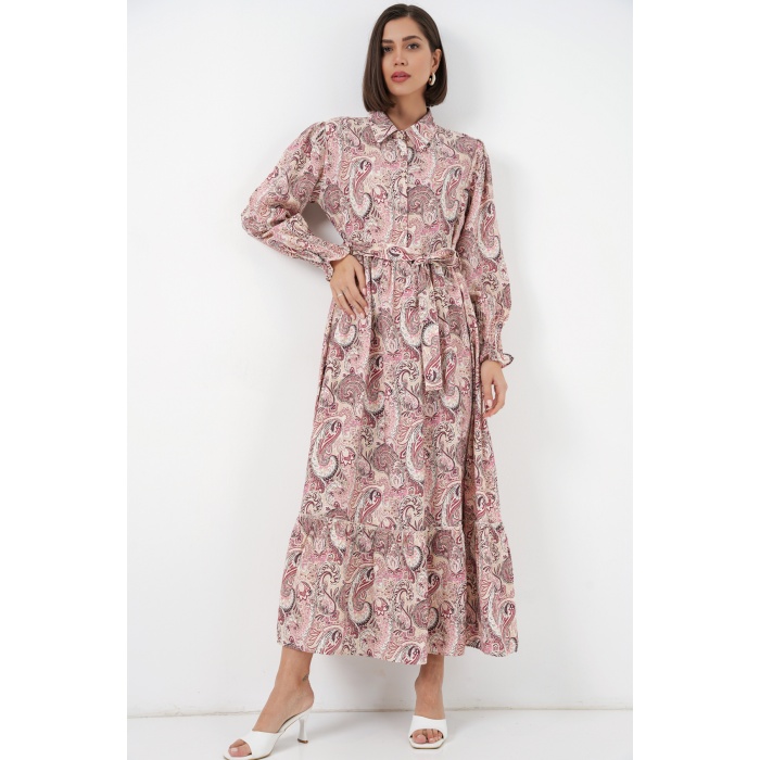Kadın Kuşaklı Tesettür Elbise 2589 - Pembe