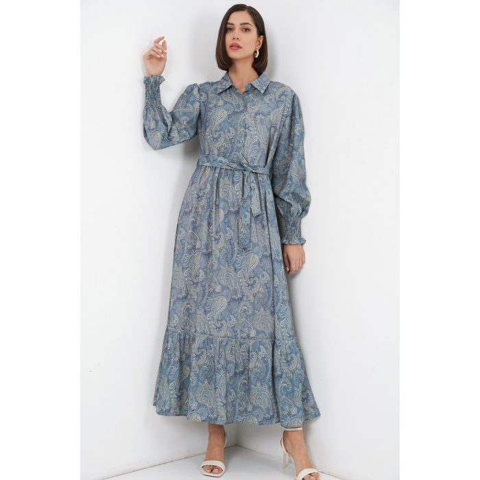 Kadın Kuşaklı Tesettür Elbise 2589 - Mint