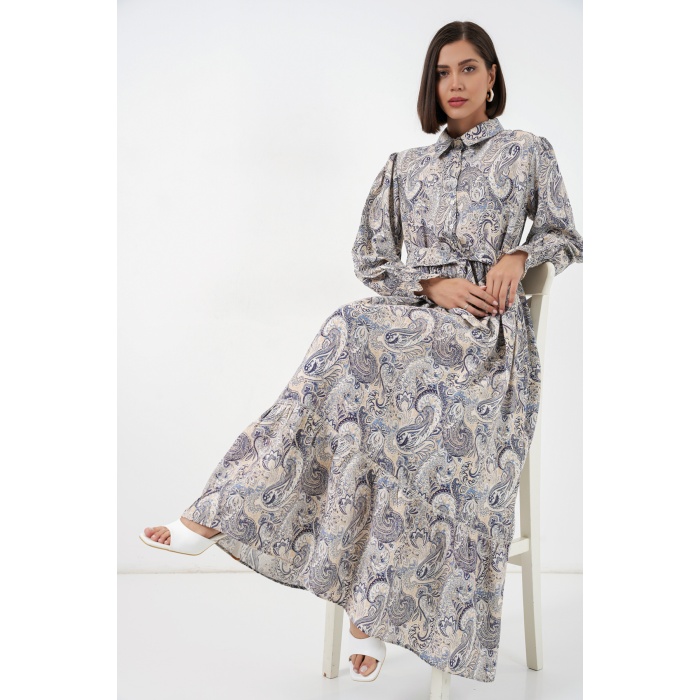 Kadın Kuşaklı Tesettür Elbise 2589 - Taş