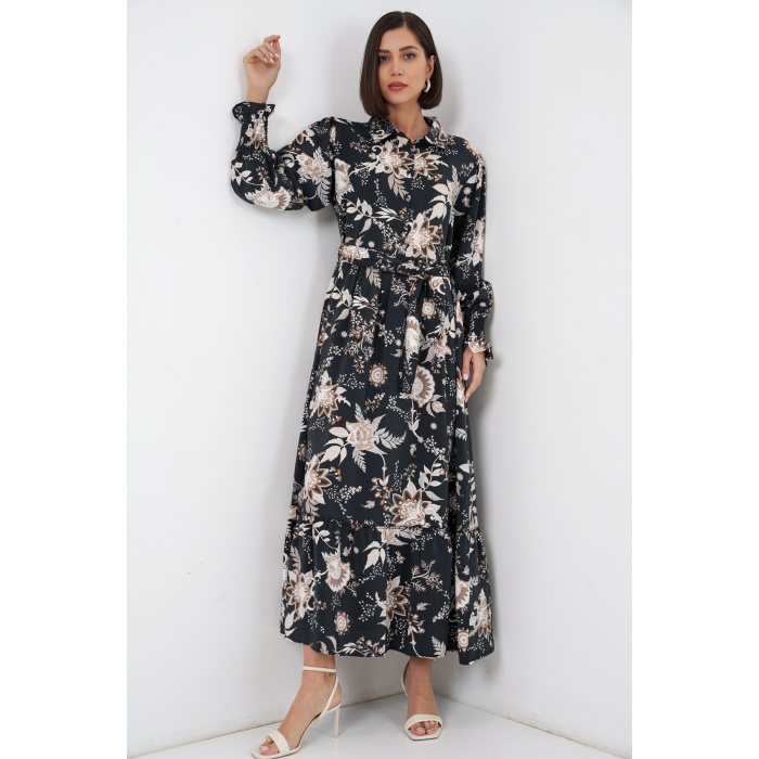 Kadın Kuşaklı Tesettür Elbise 2589 - Y.Siyah