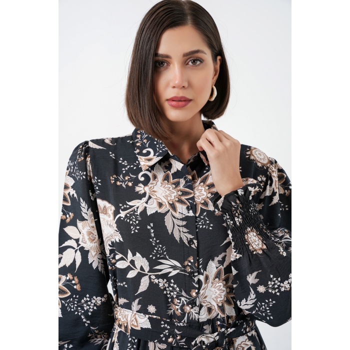 Kadın Kuşaklı Tesettür Elbise 2589 - Y.Siyah