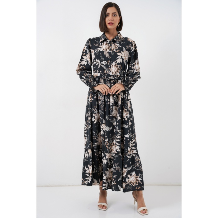 Kadın Kuşaklı Tesettür Elbise 2589 - Y.Siyah