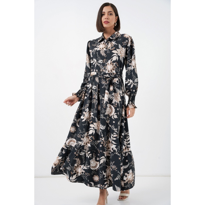 Kadın Kuşaklı Tesettür Elbise 2589 - Y.Siyah