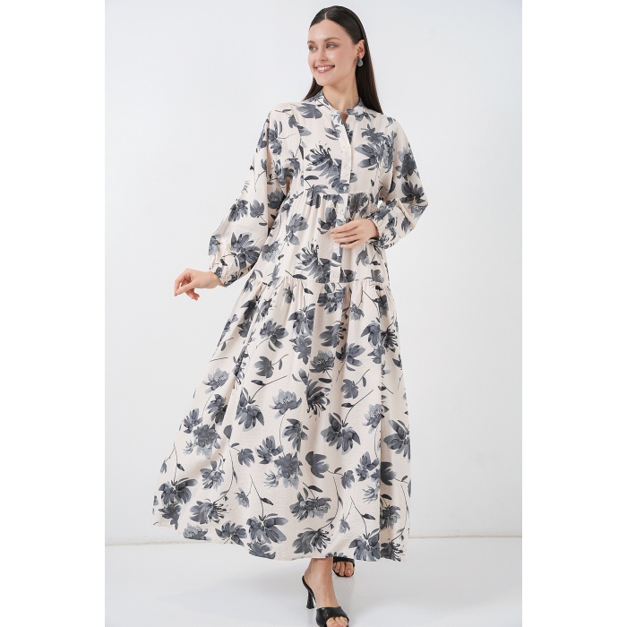 Kadın Lilyum Kumaş Uzun Tesettür Elbise 2593 - Gri