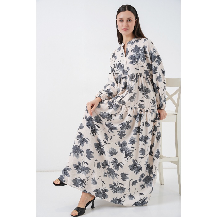 Kadın Lilyum Kumaş Uzun Tesettür Elbise 2593 - Gri