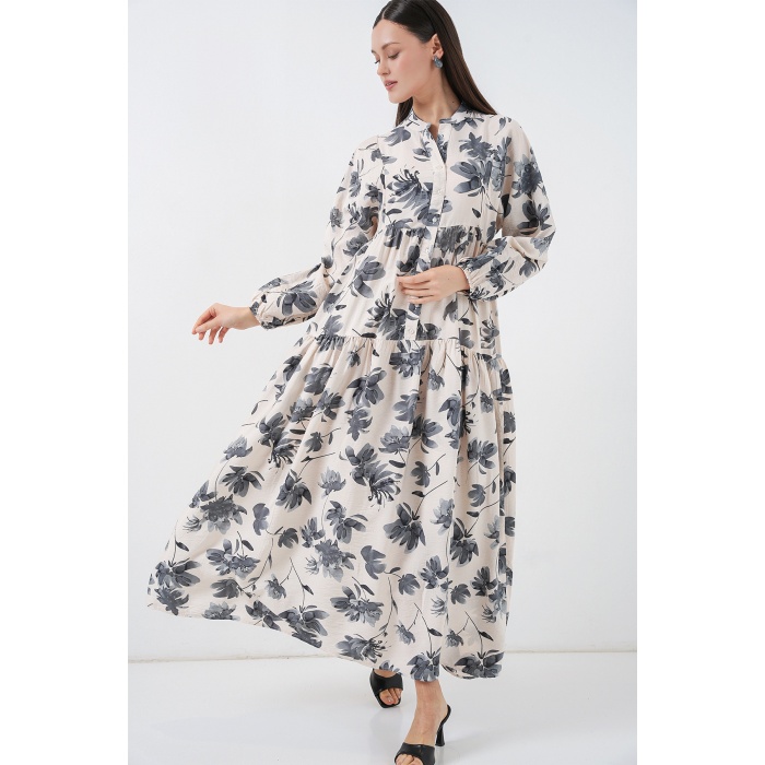 Kadın Lilyum Kumaş Uzun Tesettür Elbise 2593 - Gri