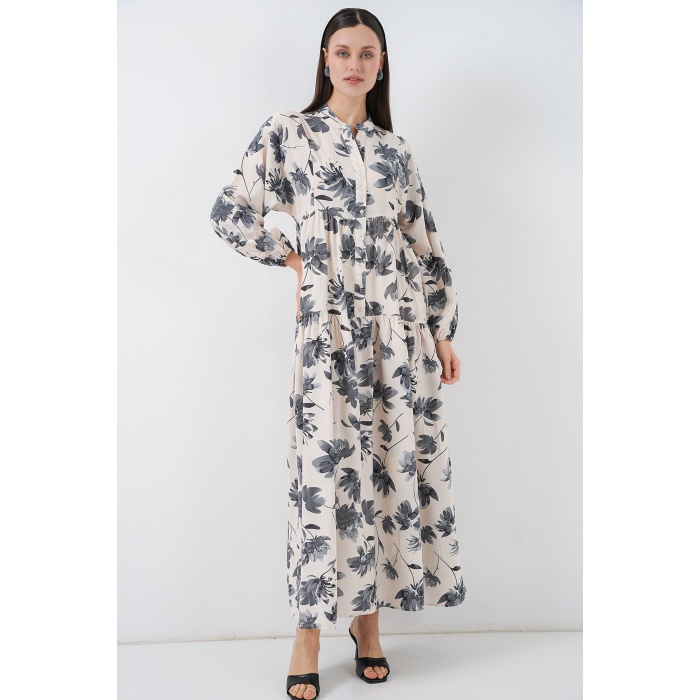 Kadın Lilyum Kumaş Uzun Tesettür Elbise 2593 - Gri