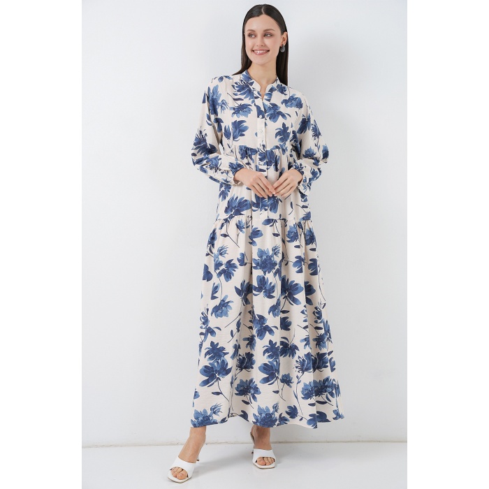 Kadın Lilyum Kumaş Uzun Tesettür Elbise 2593 - İndigo