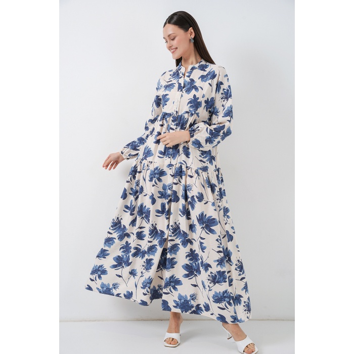 Kadın Lilyum Kumaş Uzun Tesettür Elbise 2593 - İndigo