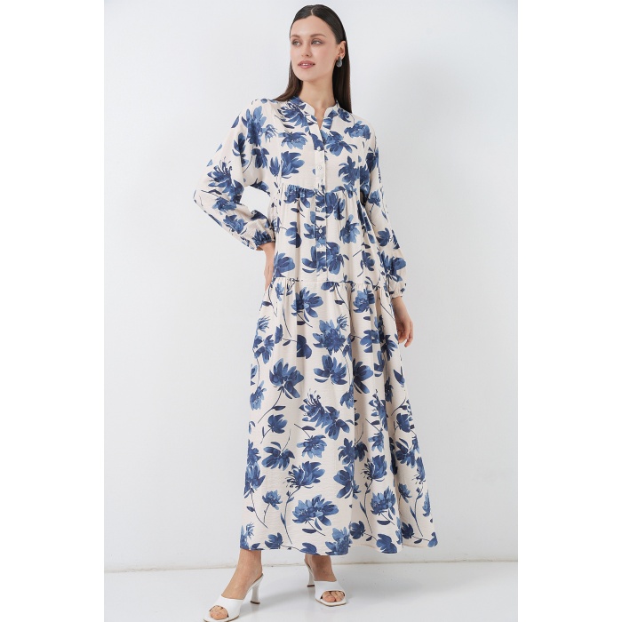 Kadın Lilyum Kumaş Uzun Tesettür Elbise 2593 - İndigo