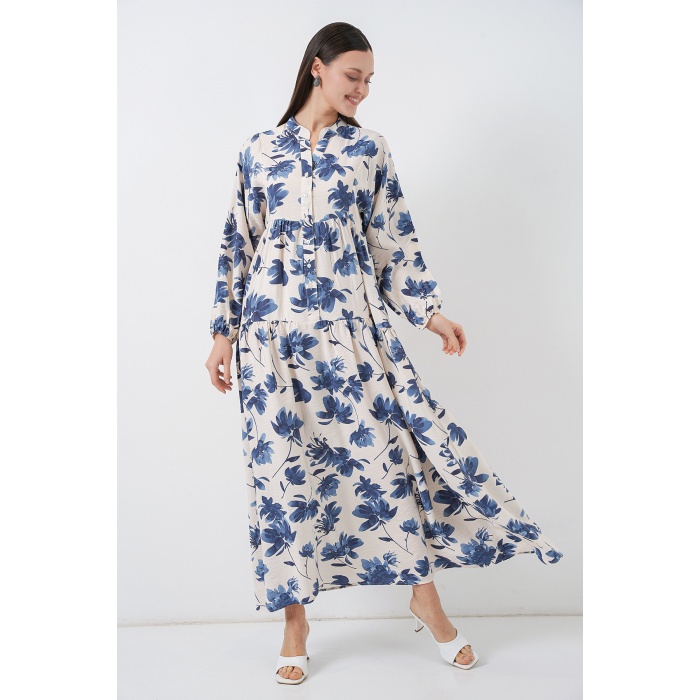 Kadın Lilyum Kumaş Uzun Tesettür Elbise 2593 - İndigo