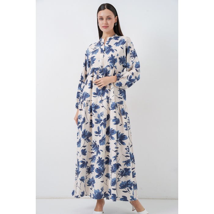 Kadın Lilyum Kumaş Uzun Tesettür Elbise 2593 - İndigo