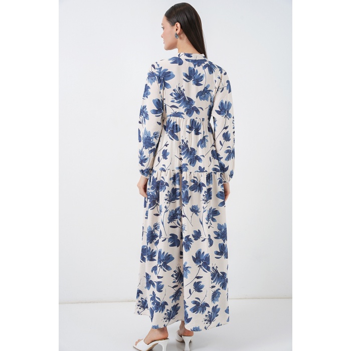 Kadın Lilyum Kumaş Uzun Tesettür Elbise 2593 - İndigo