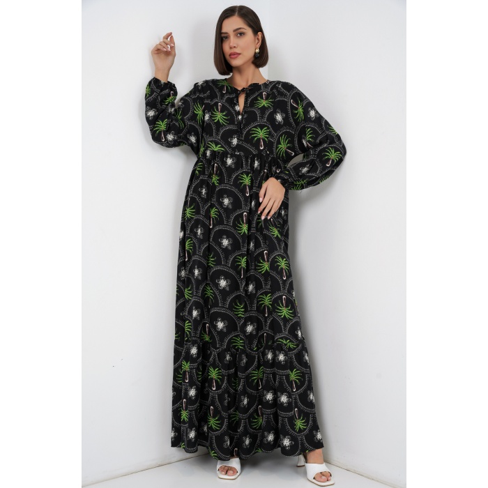 Kadın Desenli Tesettür Elbise 2594 - Siyah