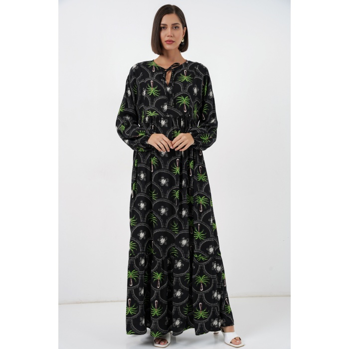 Kadın Desenli Tesettür Elbise 2594 - Siyah