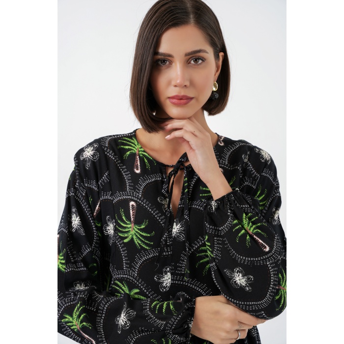 Kadın Desenli Tesettür Elbise 2594 - Siyah