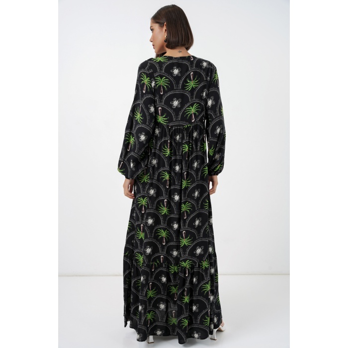 Kadın Desenli Tesettür Elbise 2594 - Siyah