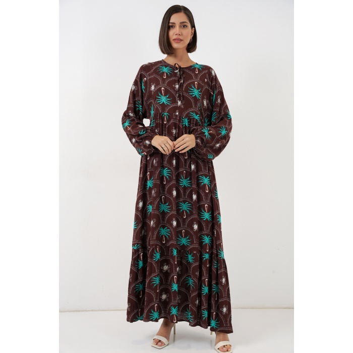 Kadın Desenli Tesettür Elbise 2594 - Kahverengi