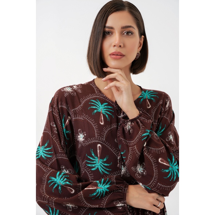 Kadın Desenli Tesettür Elbise 2594 - Kahverengi