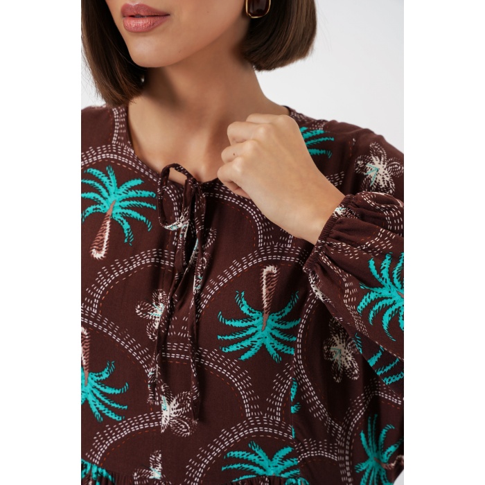 Kadın Desenli Tesettür Elbise 2594 - Kahverengi