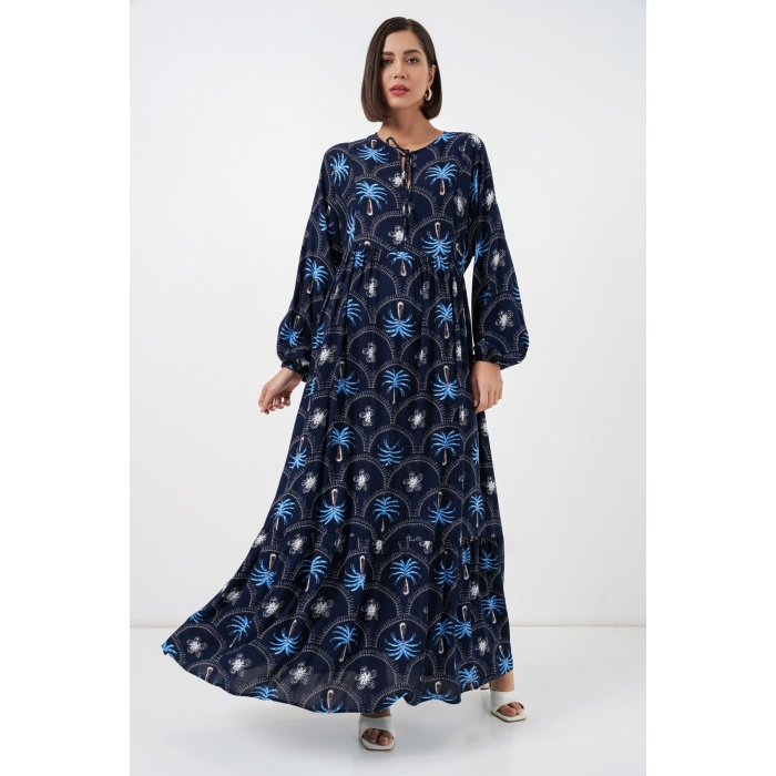 Kadın Desenli Tesettür Elbise 2594 - Lacivert