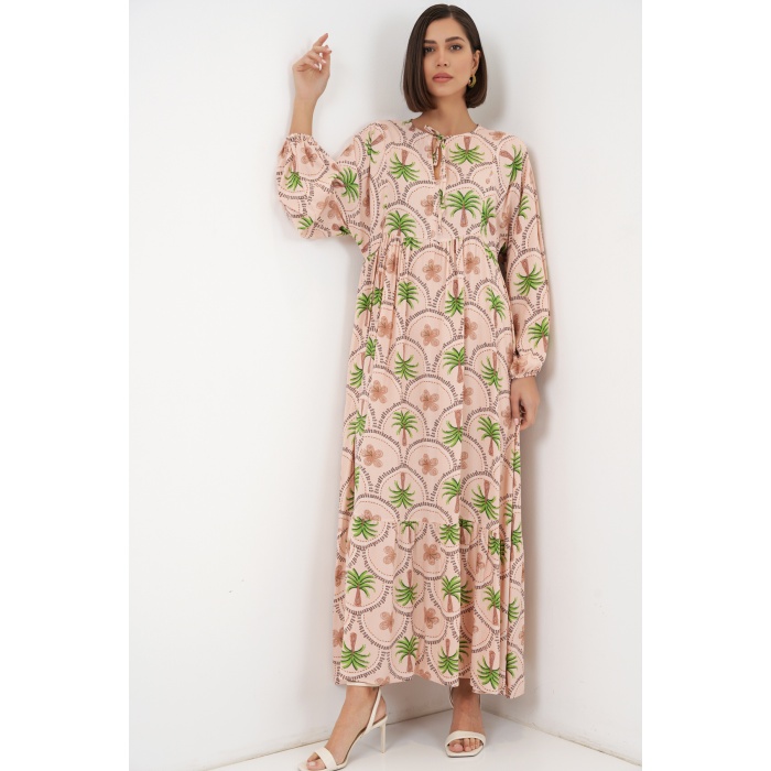 Kadın Desenli Tesettür Elbise 2594 - Pudra