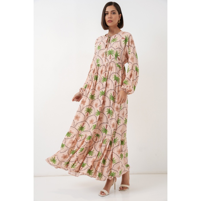 Kadın Desenli Tesettür Elbise 2594 - Pudra