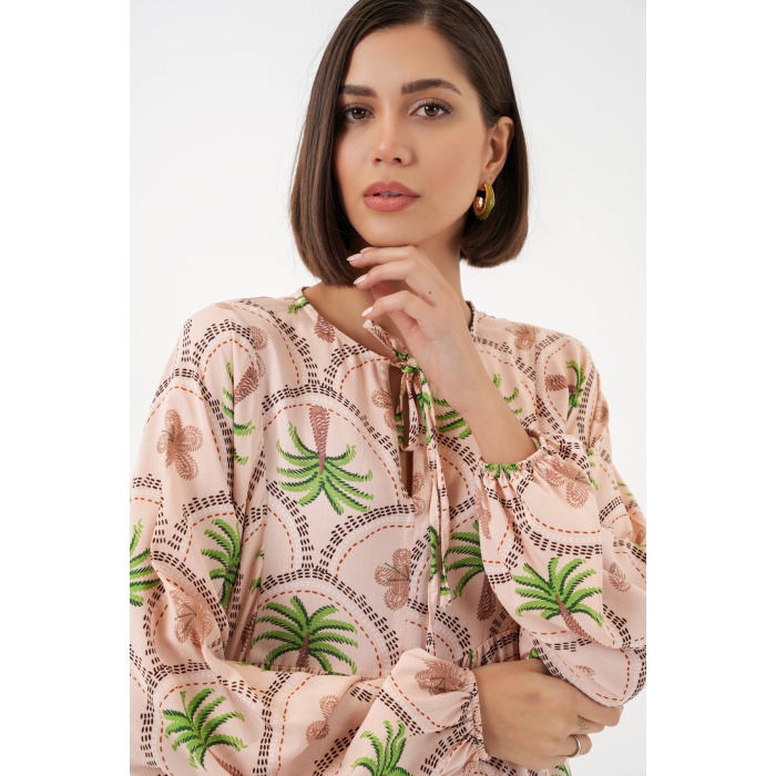 Kadın Desenli Tesettür Elbise 2594 - Pudra