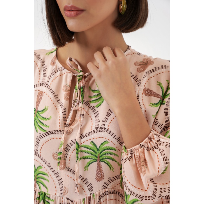 Kadın Desenli Tesettür Elbise 2594 - Pudra