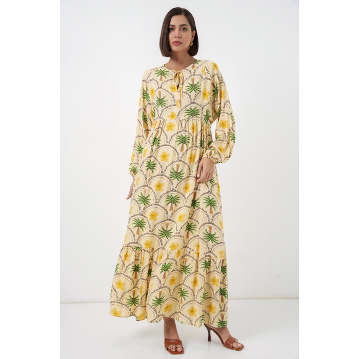 Kadın Desenli Tesettür Elbise 2594 - Sarı