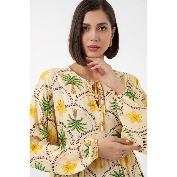 Kadın Desenli Tesettür Elbise 2594 - Sarı