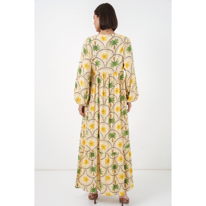 Kadın Desenli Tesettür Elbise 2594 - Sarı