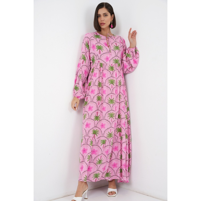 Kadın Desenli Tesettür Elbise 2594 - Pembe