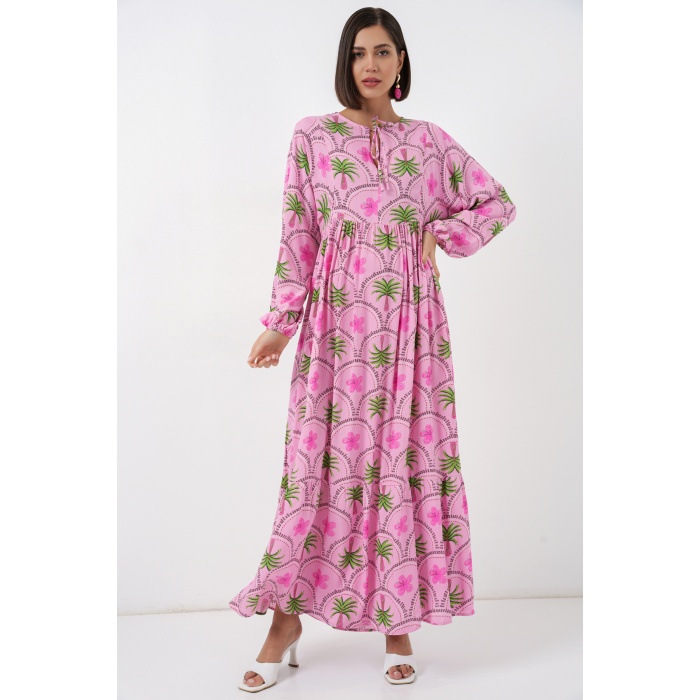 Kadın Desenli Tesettür Elbise 2594 - Pembe