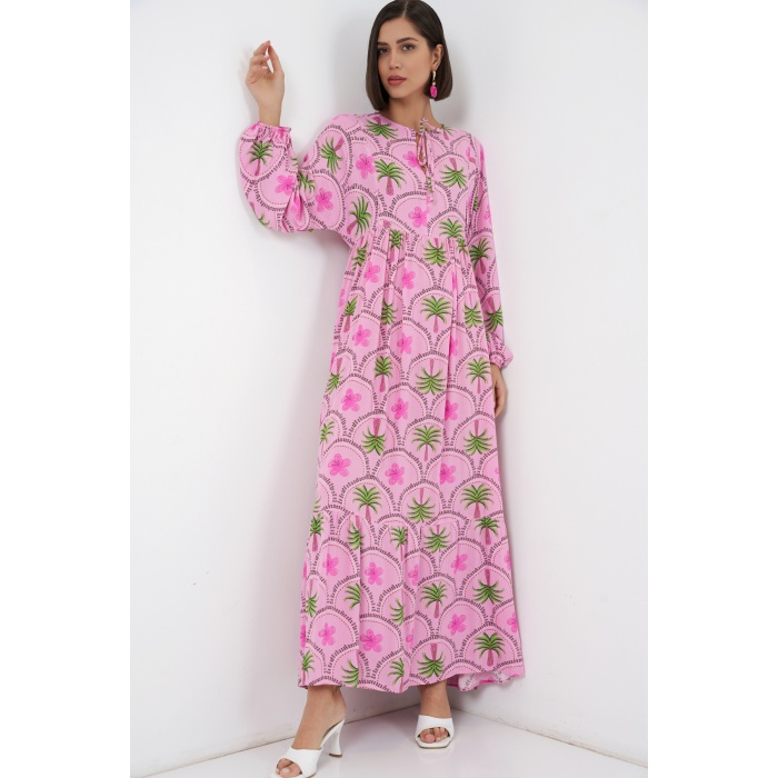 Kadın Desenli Tesettür Elbise 2594 - Pembe