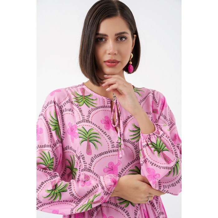 Kadın Desenli Tesettür Elbise 2594 - Pembe