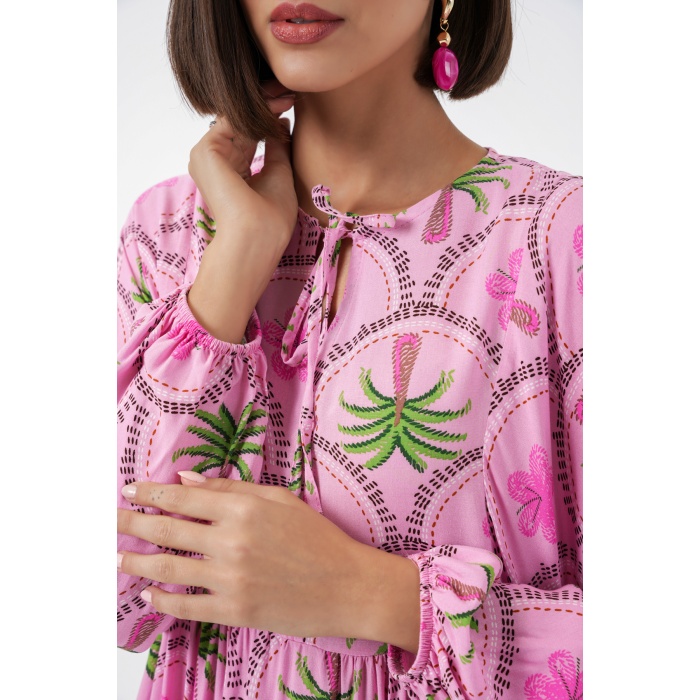 Kadın Desenli Tesettür Elbise 2594 - Pembe