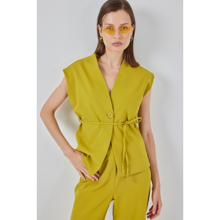 Kadın Yelek Pantolon Kumaş Takım 30050 - Yağ Yeşil