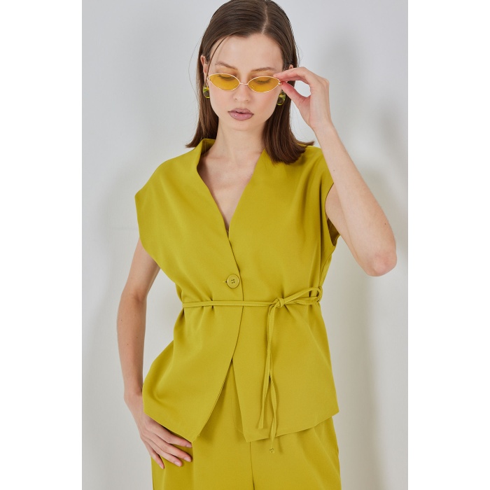 Kadın Yelek Pantolon Kumaş Takım 30050 - Yağ Yeşil