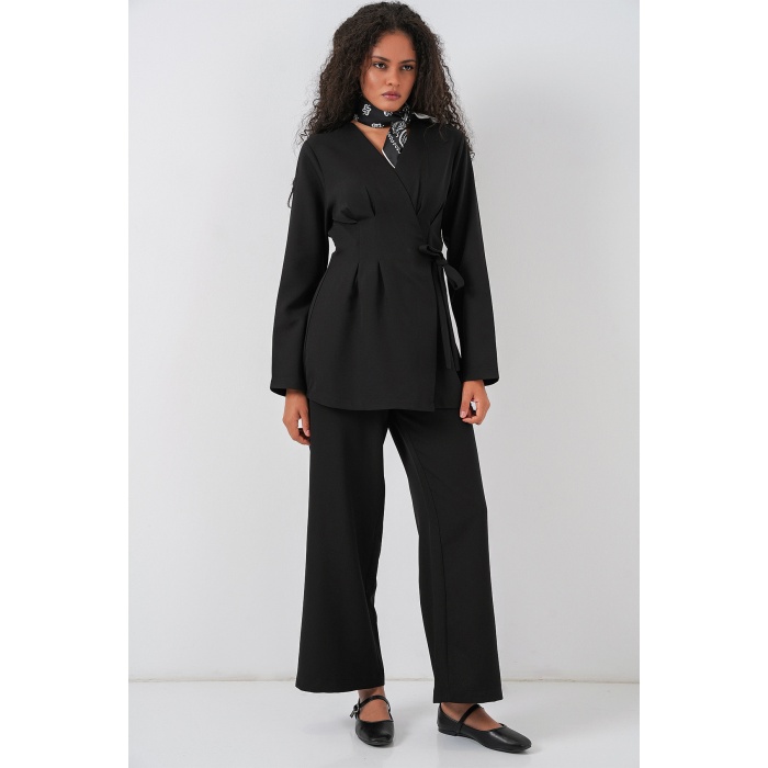 Kadın Kimono Pantolon Kumaş Takım 30054 - Siyah