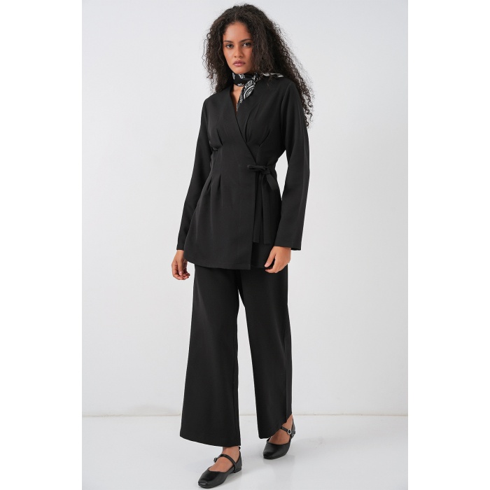Kadın Kimono Pantolon Kumaş Takım 30054 - Siyah