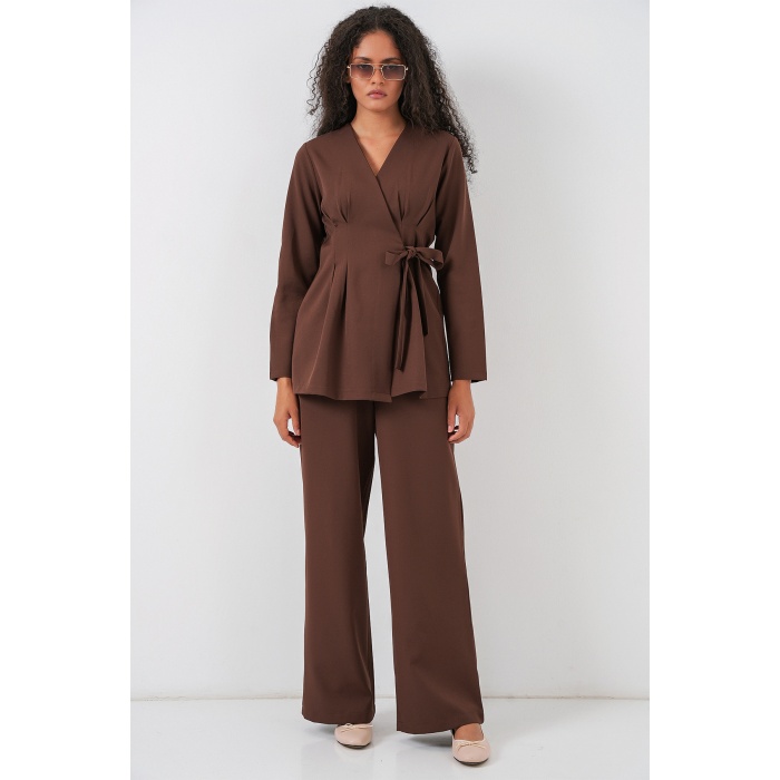 Kadın Kimono Pantolon Kumaş Takım 30054 - Kahverengi