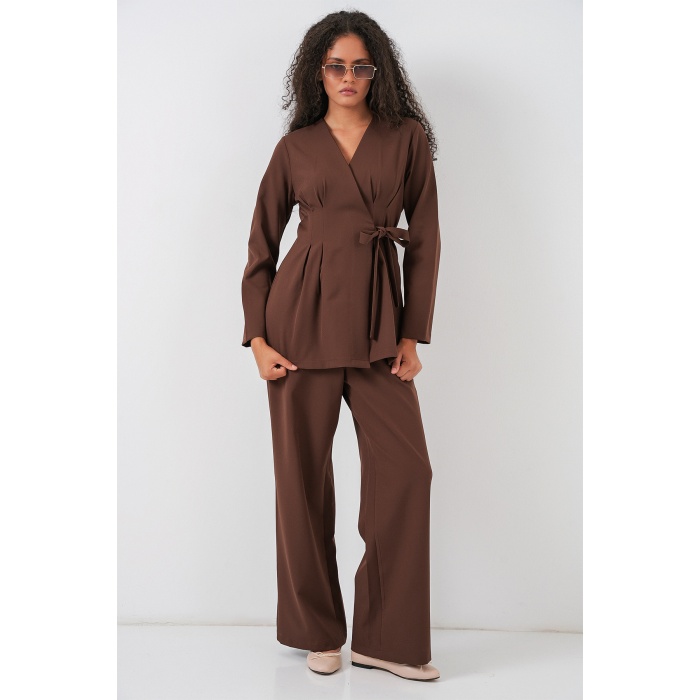 Kadın Kimono Pantolon Kumaş Takım 30054 - Kahverengi