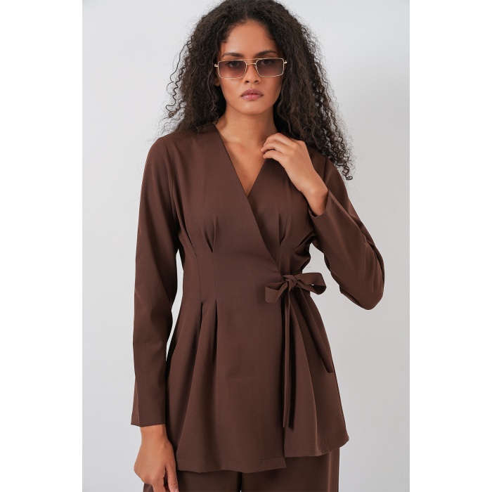 Kadın Kimono Pantolon Kumaş Takım 30054 - Kahverengi