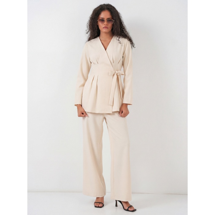 Kadın Kimono Pantolon Kumaş Takım 30054 - Bej