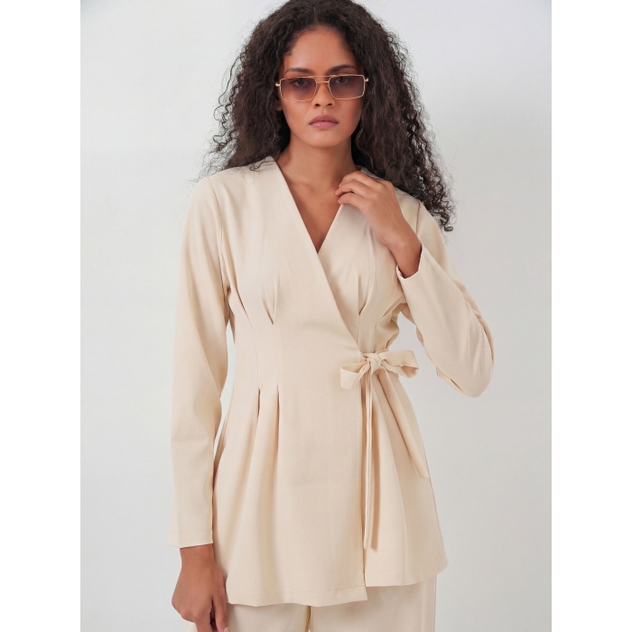 Kadın Kimono Pantolon Kumaş Takım 30054 - Bej